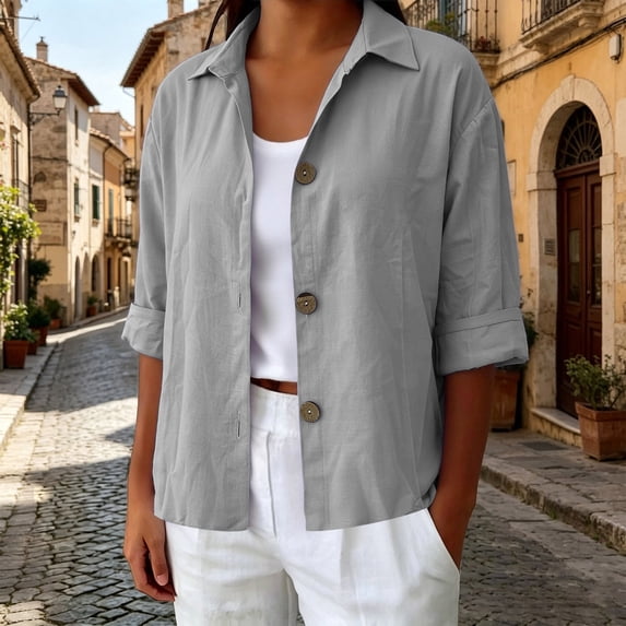 Sheghy Womens Tops Oversized Urban Solid Cotton Linen Lapel Button Curved Hem 3/4 Sleeve Outer Shirt Gray XXXL