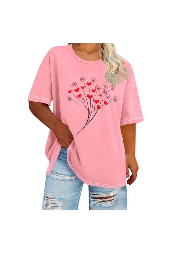 Womens Tops Plus Size Crew Neck Short Sleeve Printed Loose Pull-On Pullover Pink XL