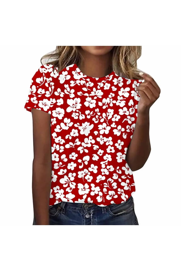 Womens Tops Plus Size Dressy Short Sleeve Crew Neck Printed Pull-On Pullover Loose Multicolor S