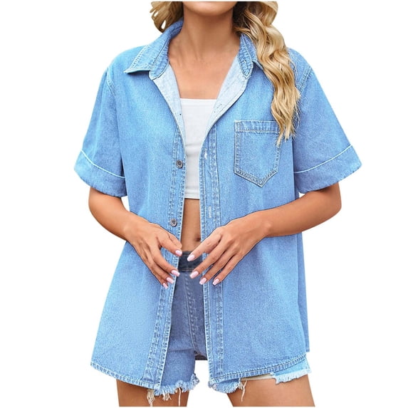 Sheghy Womens Tops Plus Size Short Sleeve Women's Spring and Summer Solid Color Casual Lapel Short-Sleeved Denim Shirt Short-Sleeved Lapel Top/Shirt Light Blue M