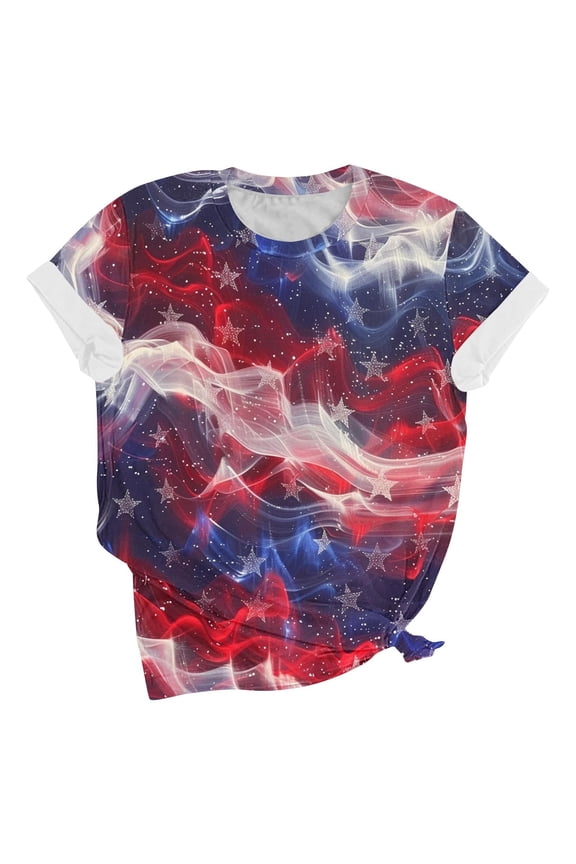 Womens Tops Summer 2026 Short Sleeve Crew Neck Printed Pull-On Pullover Regular Multicolor S
