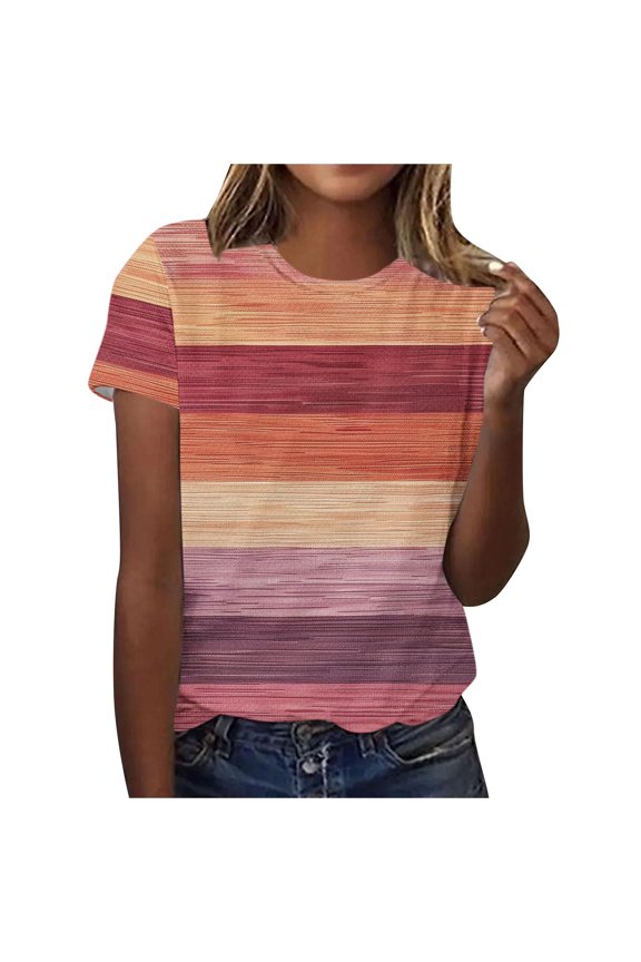 Womens Tops Trendy 2026 Short Sleeve Crew Neck Printed Pull-On Pullover Regular Multicolor S