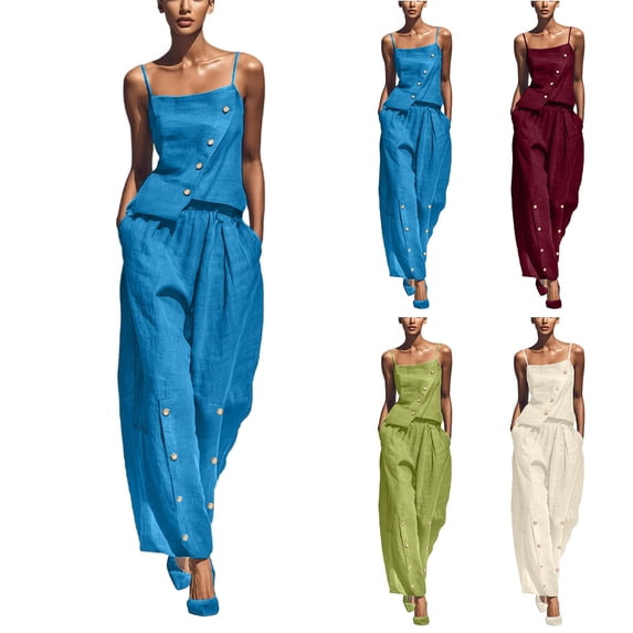 Sheghy Workout Set Cotton Women Solid Linen Set Sleeveless Button Cami Top & Side Detail Wide Leg Pants 2 Piece Vacation Outfit