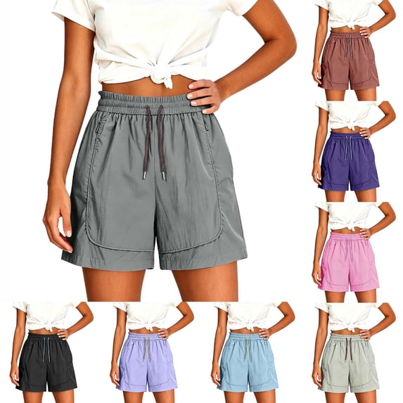 Sheghy Workout Shorts Women 100%Cotton Women Summer Fashion Solid Quick Dry Sports Drawstring Dual Pocket Knee-Length Shorts Black S