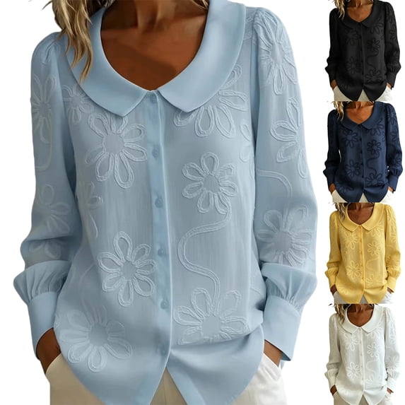 Sheghy Workout Tops Women's Collared Embroidered Printed Long-sleeved Blouse Blue XXL