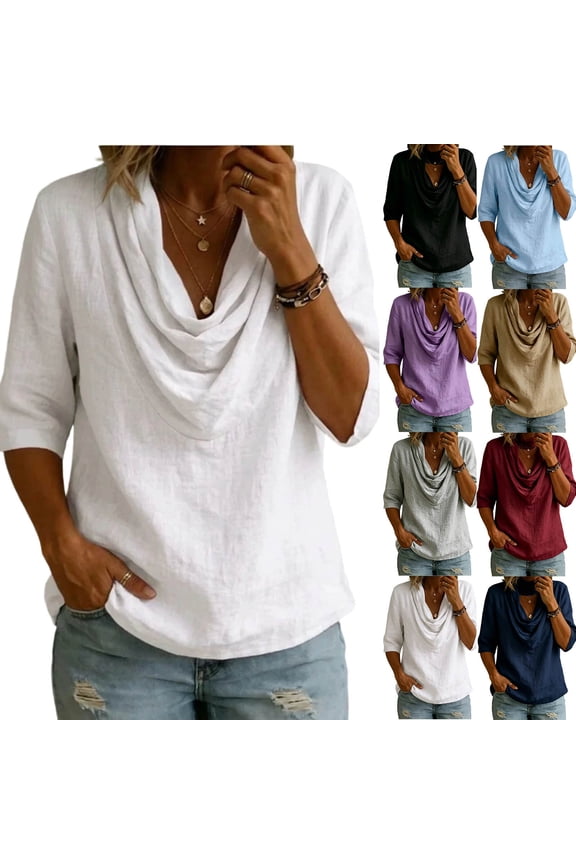 Workout Tops for Women 3/4 Sleeve Solid Collar Blouses Womens Shirts Funnel Neck Casual and Fashionable Top