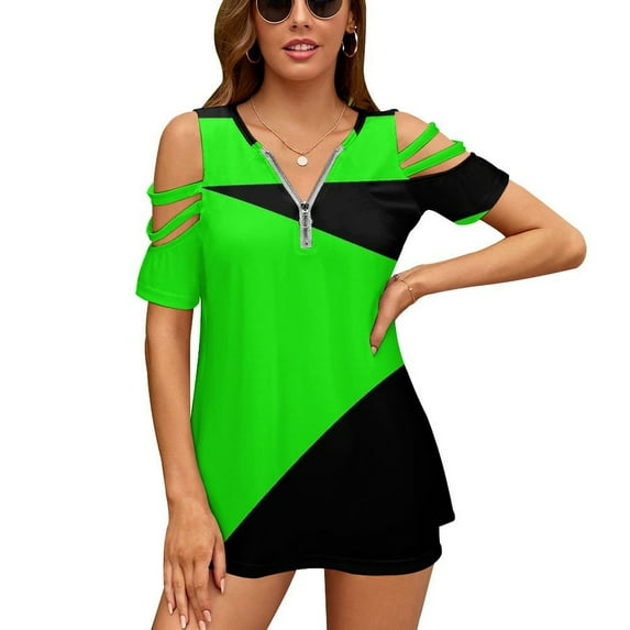 Shego Halloween Costume Womens Summer V Neck Zipper Top Short Sleeve T Shirt Off Shoulder Top Casual Classy Loose Shirts