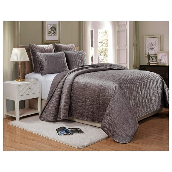 Sheila 3-Piece Premium Heavy Velvet Quilt Set Modern Pattern Bedspread Coverlet Set (Queen, Gray)