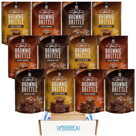 Sheila G's Brownie Brittle 12 Bag Bite Size Variety Pack - 4 Each - Toffee Crunch, Salted Caramel, And Chocolate Chip - Road Trips, Lunch Boxes, Ice Cream Topping - In Box!