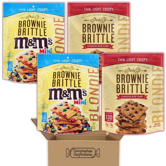 Sheila G's Brownie Brittle Blondie Variety Pack - 2 Flavors, 2 Resealable Bags of Each - Chocolate Chip Blondie and M&M's Minis Blondie - Thin, Light And Crispy in Cornershop Confections Pack