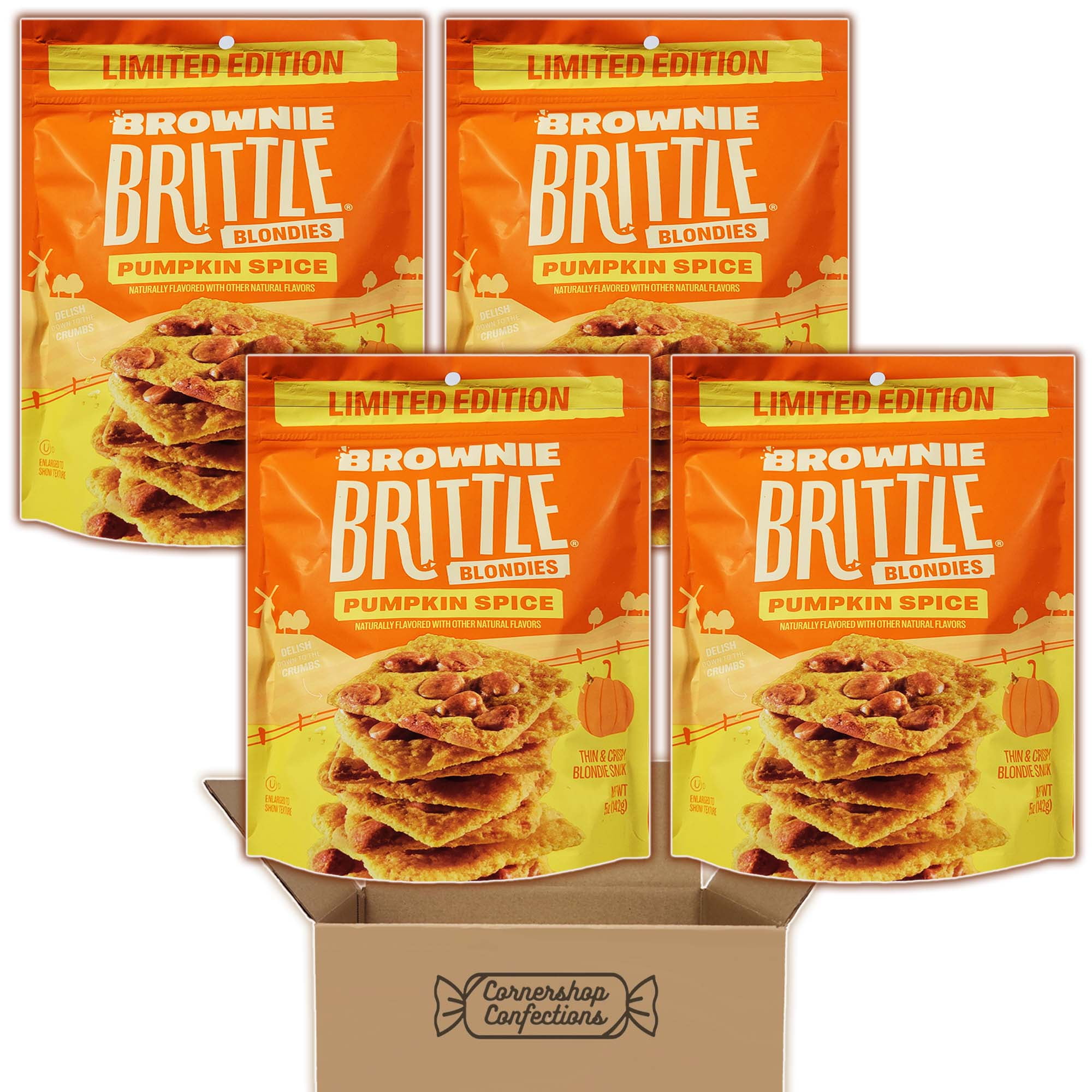 Sheila G's Brownie Brittle Bundle Pack - Blondies Pumpkin Spice - 4 Resealable 5 Ounce Bags - Thin, Light And Crispy - For Lunches, On The Go Snacks, Movie Nights in Cornershop Confections Pack