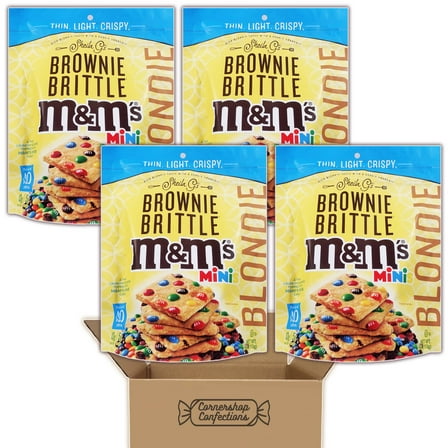 Sheila G's Brownie Brittle Bundle Pack - M&M's Minis Blondie - 4 Resealable 4 Ounce Bags - Thin, Light And Crispy - For Lunches, On The Go Snacks, Movie Nights in Cornershop Confections Pack
