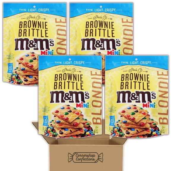 Sheila G's Brownie Brittle Bundle Pack - M&M's Minis Blondie - 4 Resealable 4 Ounce Bags - Thin, Light And Crispy - For Lunches, On The Go Snacks, Movie Nights in Cornershop Confections Pack