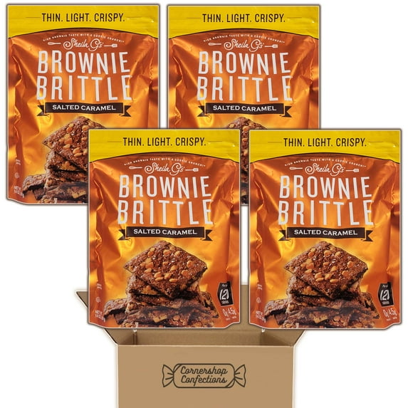 Sheila G's Brownie Brittle Bundle Pack - Salted Caramel - 4 Large Resealable 14 ounce Bags Included - Snacks, Lunches, Ice Cream Topping - Thin Crunchy Brownie Treat in Cornershop Confections Pack