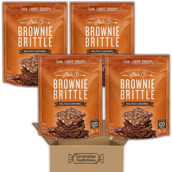 Sheila G's Brownie Brittle Bundle Pack - Salted Caramel - 4 Resealable 5 Ounce Bags - Thin, Light And Crispy - For Lunches, On The Go Snacks, Movie Nights And More in Cornershop Confections Pack
