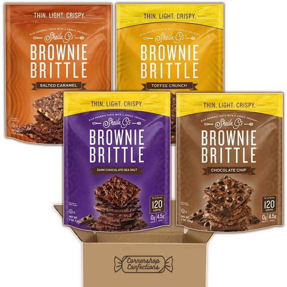 Sheila G's Brownie Brittle Variety Pack - 4 Flavors, 1 Resealable 5 Ounce Bag of Each - Salted Caramel, Toffee Crunch, Chocolate Chip, Dark Chocolate Sea Salt in Cornershop Confections Pack