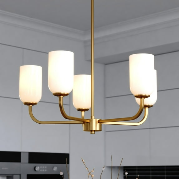 Shelby 5 Light Gold Brass Transitional Chandelier White Glass Shade