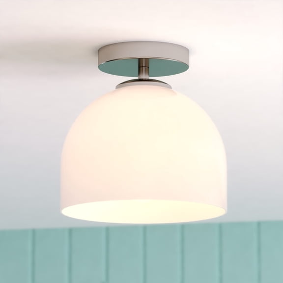 Shelby 9.25 in. Transitional Dome Satin Nickel Semi-Flush Mount Ceiling Light with White Frosted Opal Glass for Foyer