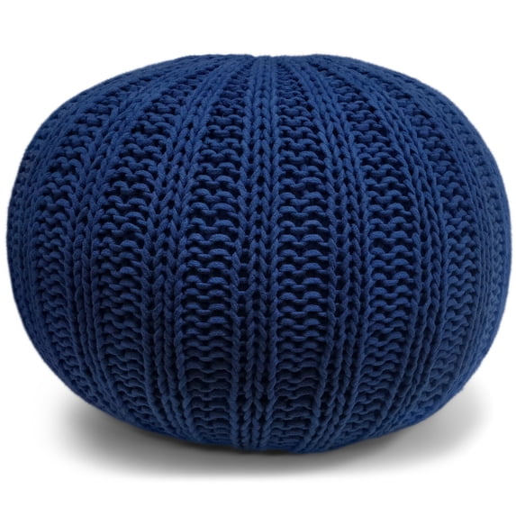 Shelby Boho Round Hand Knit Pouf in Blue Cotton