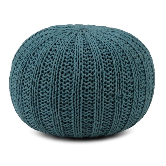 Simpli Home Simpli Home Shelby Boho Round Hand Knit Pouf in Teal Cotton