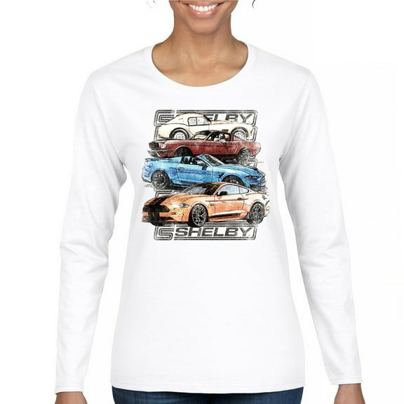 Shelby Cars Sketch Women's Long Sleeve T-shirt Mustang Racing American Muscle Car GT500 Cobra Performance Powered by Ford