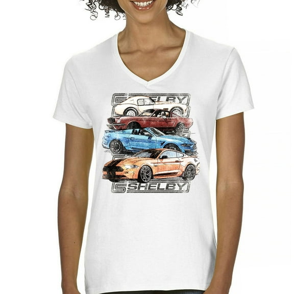 Shelby Cars Sketch Women's V-Neck T-shirt Mustang Racing American Muscle Car GT500 Cobra Performance Powered by Ford Tee