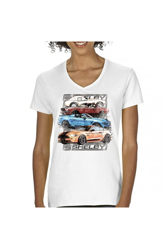 Shelby Cars Sketch Women's V-Neck T-shirt Mustang Racing American Muscle Car GT500 Cobra Performance Powered by Ford Tee