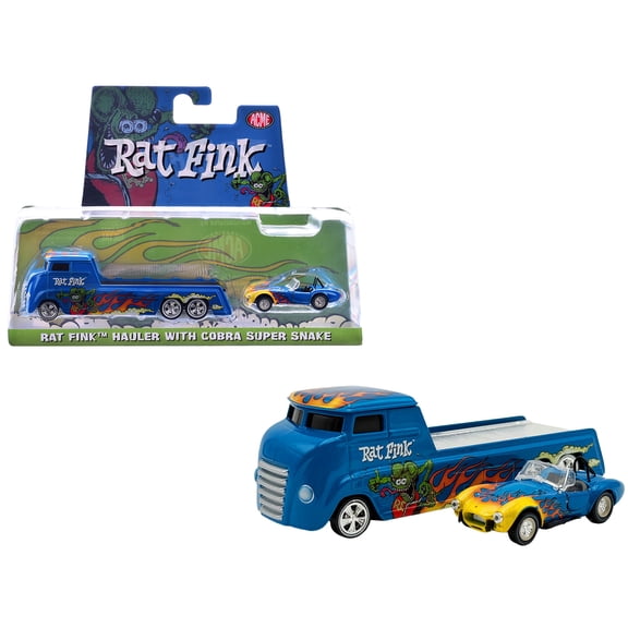 Shelby Cobra Super Snake Blue Metallic w/Flames & Custom Hauler Blue Metallic w/Flames & Graphics 1/64 Diecast Model Cars ACME