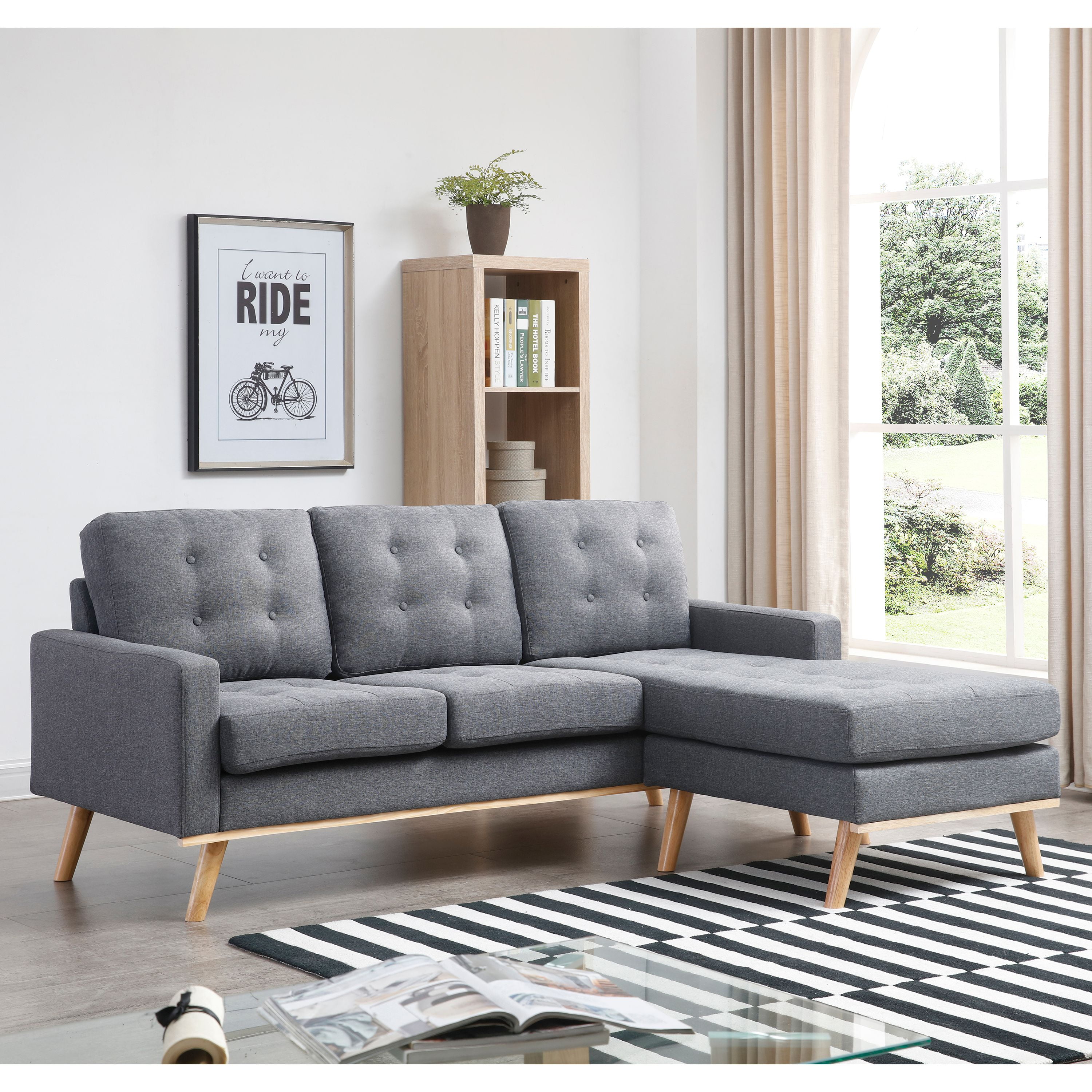 Shelby Collection Mid-Century Modern Polyester Upholstered Stationary Living Room Sectional with Reversible Chaise, Grey