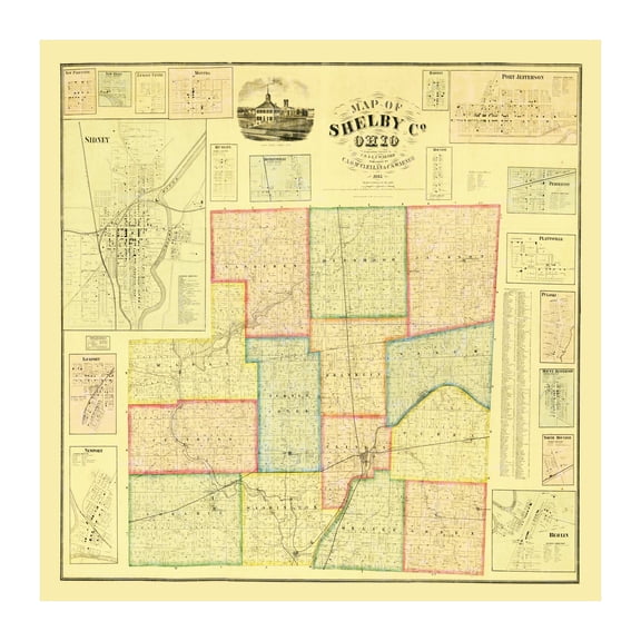 Shelby County Ohio Art, 1865 Vintage Map of Shelby County OH History Wall Decor Gift, Old Shelby County OH Map - 30" x 30" Unframed Print