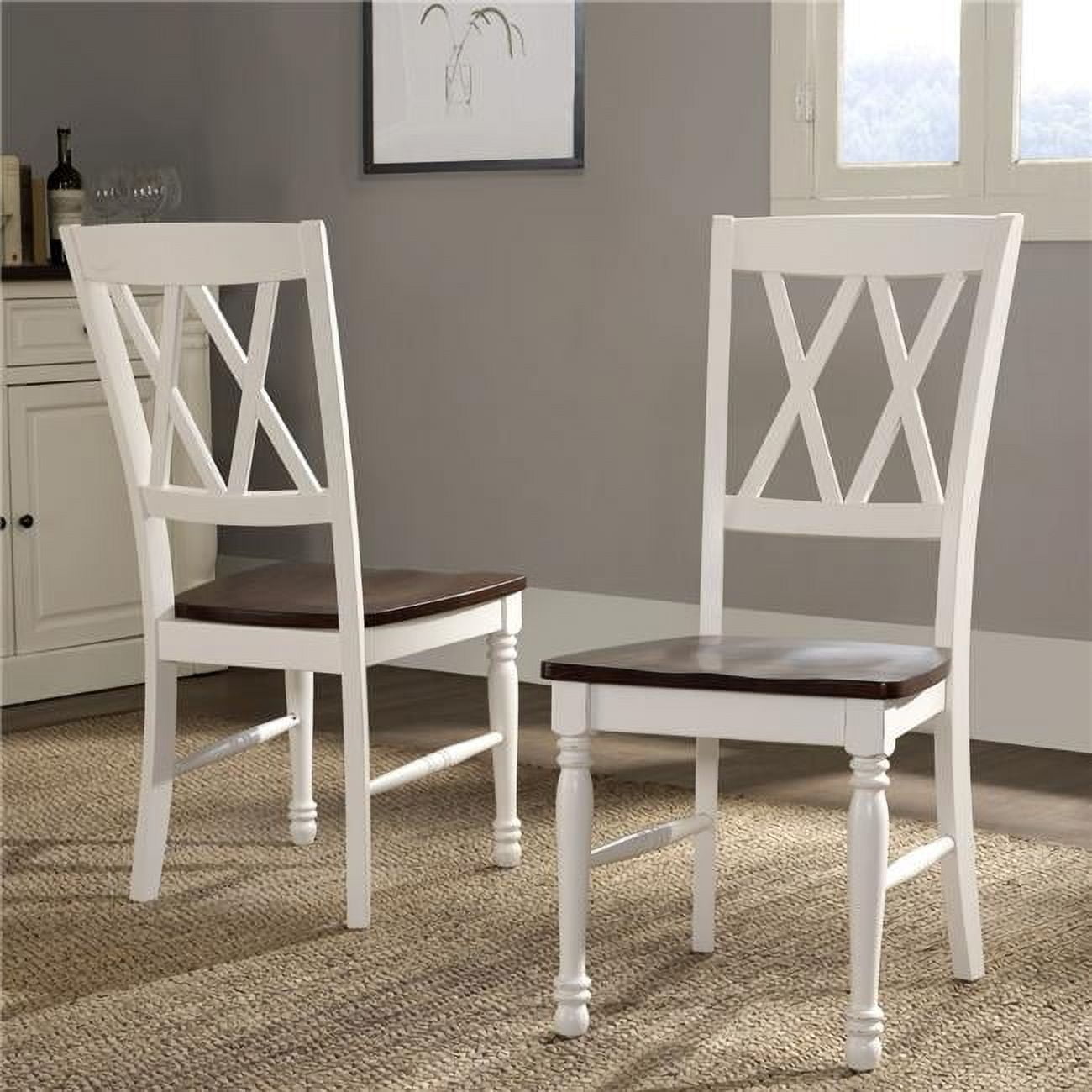 White Cross Back Rustic Wood and Metal Dining Chairs, Set of 2