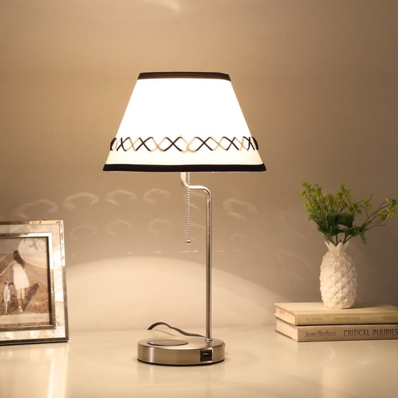 Shelby Modern Table Lamp with Wireless Charging Pad & USB Port, Pull Chain