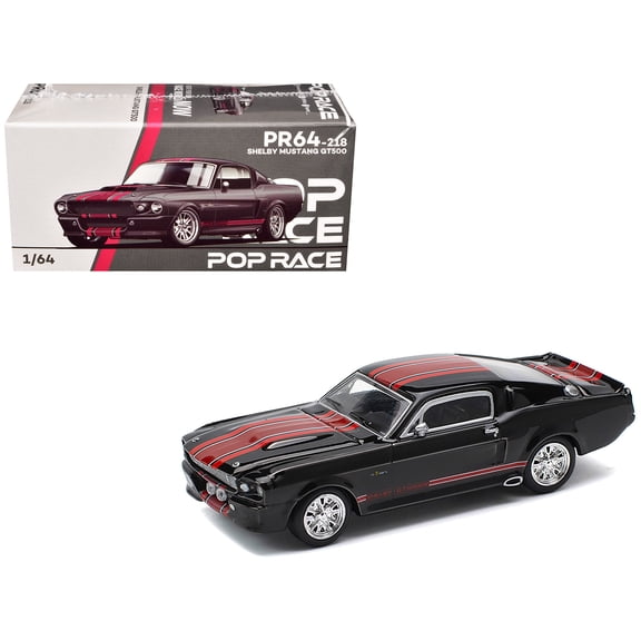 Shelby Mustang GT500 Dark Chrome with Red Stripes 1/64 Diecast Model Car by Pop Race