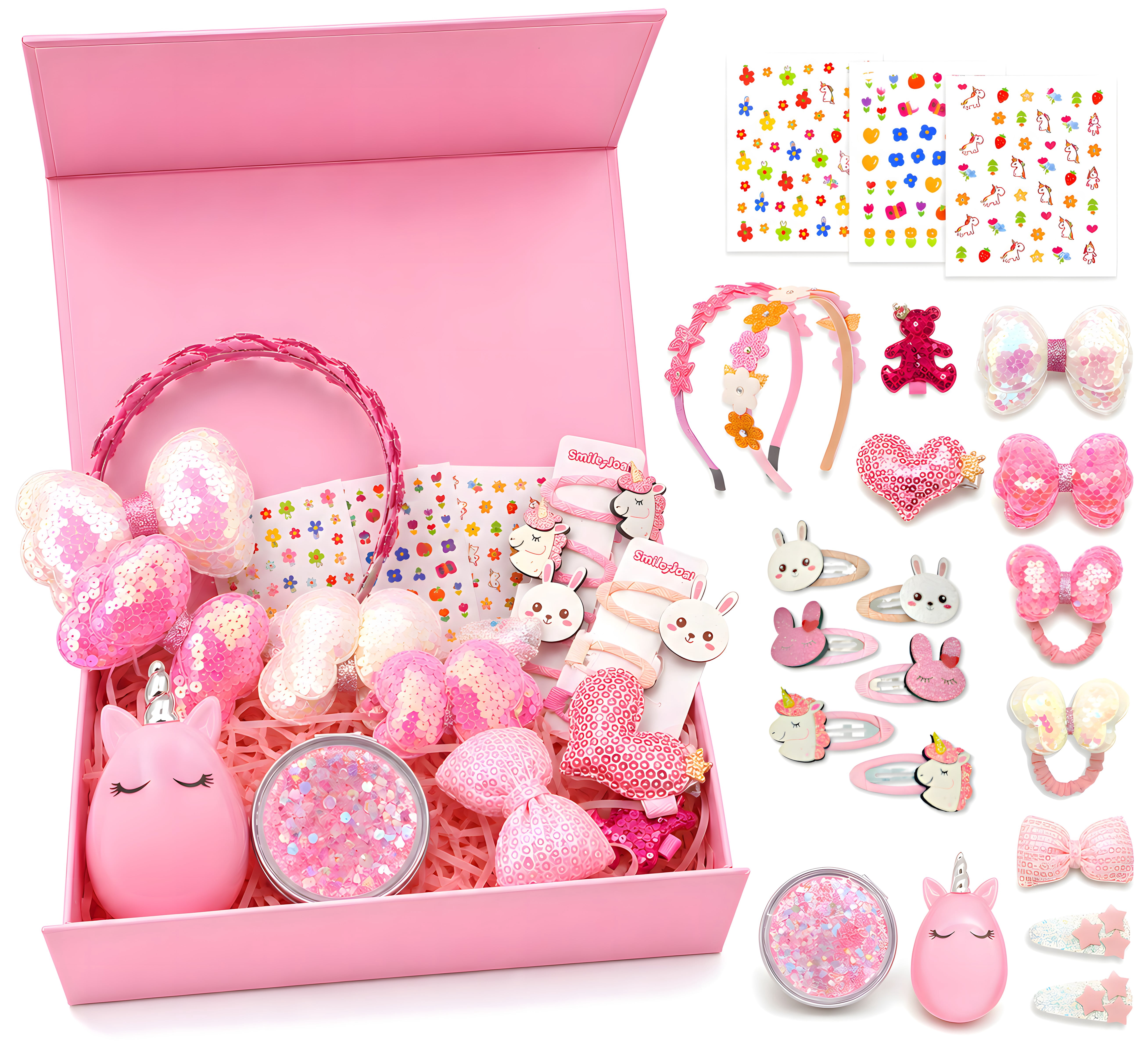 Shelbybox Hair Accessories for Girls Gift Set, 22 Pieces Pink Hair Clips, Barrettes, Ponytail Ties, Bows, Headbands, Mirror & Unicorn Comb, Toddler Hair Set