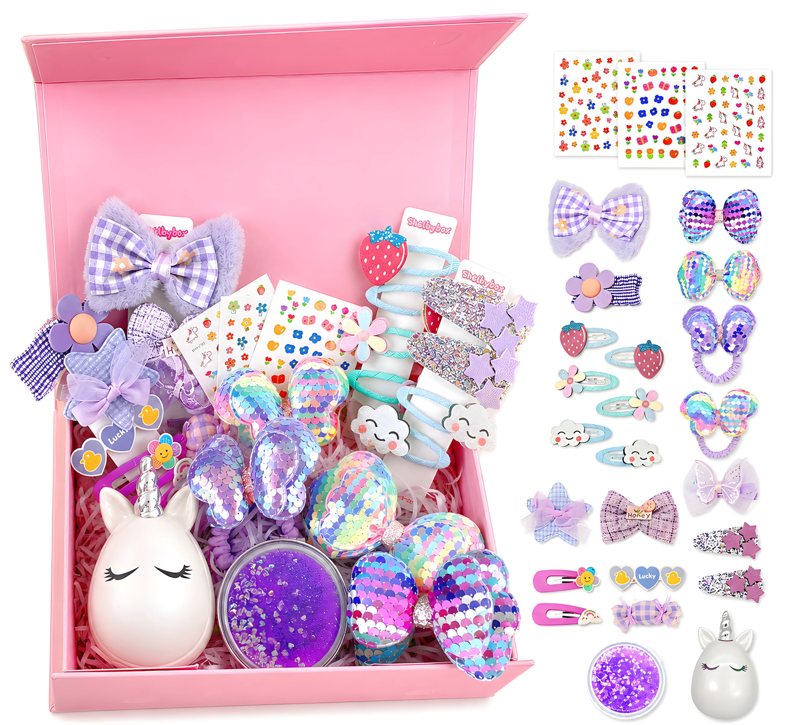 Shelbybox Hair Accessories for Girls Gift Set, 25 Pieces Purple Hair Clips, Barrettes, Ponytail Ties, Bows, Mirror & Unicorn Comb, Toddler Hair Set