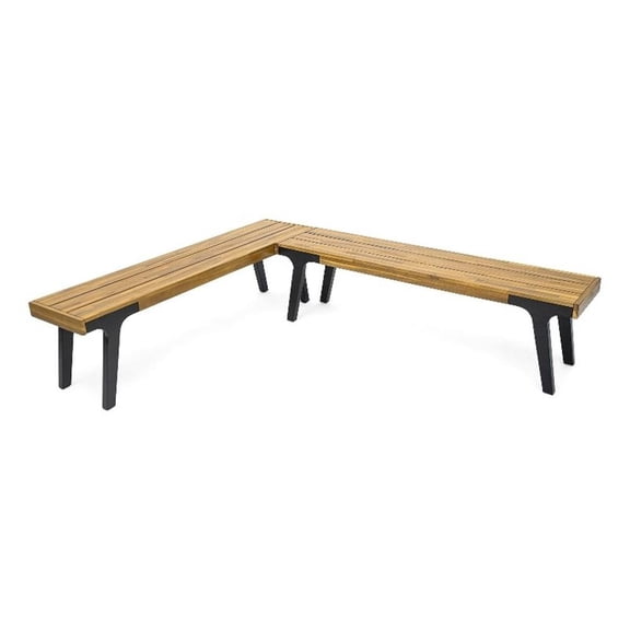 Benjara Sheldon Outdoor Bench Set of 2- Slat Panel- 63" Brown Wood- Black