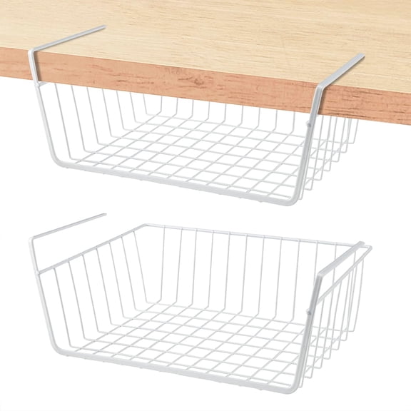 Under Shelf Basket, 2 x Medium Metal Wire Kitchen Storage Basket, Space Saving Sliding Organizer for Pantry, Cabinet & Closet Shelves, 22 lb Capacity, White