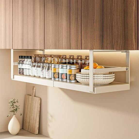 Under Shelf Basket, Adjustable Telescopic Kitchen and Bathroom Storage Organizer, Under Cabinet Storage Basket with Steel Construction, Easy Installation for Pantry Organization