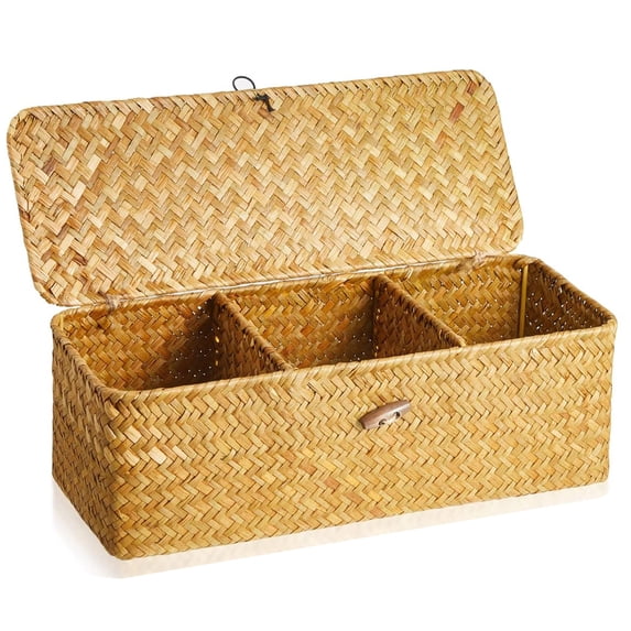 Shelf Baskets with Lid, 12.6 x 4.72inch Handwoven Wicker Storage Bins Box with 3 Sections, Rectangular Wicker Basket Storage Organizer Wicker Basket for Shelf,Desktop Storage Box Storage Basket