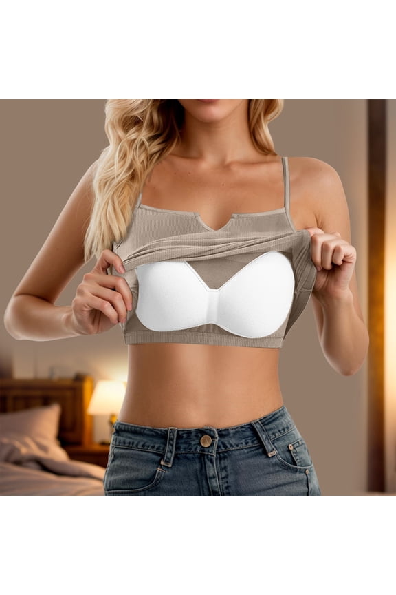 Shelf Bra Camisoles Adjustable Spaghetti Strap Tank Tops Basic Layer Women's Ribbed Knit Crop Seamless Bodycon Yoga Shirt, Khaki