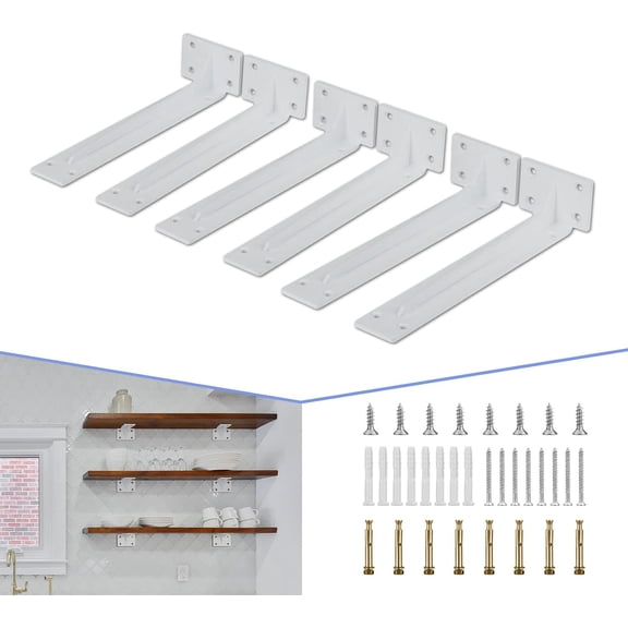Shelf Bracket( White) , 6” Quarter Inch (1/5") Thick- Max Load: 220 lb Rustic Industrial Modern Farmhouse Heavy Duty Corner Brace Joint Right Angle Bracket for DIY Table Bench, Pack of 6