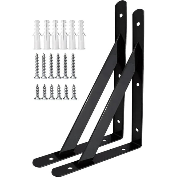 OFEFE 12"x8" Heavy Duty Shelf Brackets, 150lbs Load Black Metal Brackets for Wall Mounted Shelves, 2 Pack 90 Degree Triangle Corner Brace Joint Angle Bracket, Reinforced Steel Support for Kitchen