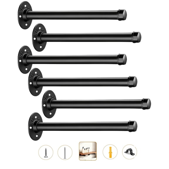 Shelf Brackets Black Floating Shelves Bracket Wall Mounted Metal Shelving Brackets for DIY Shelves Clothing Rack Hardware Included, 8 Inch Set of 6