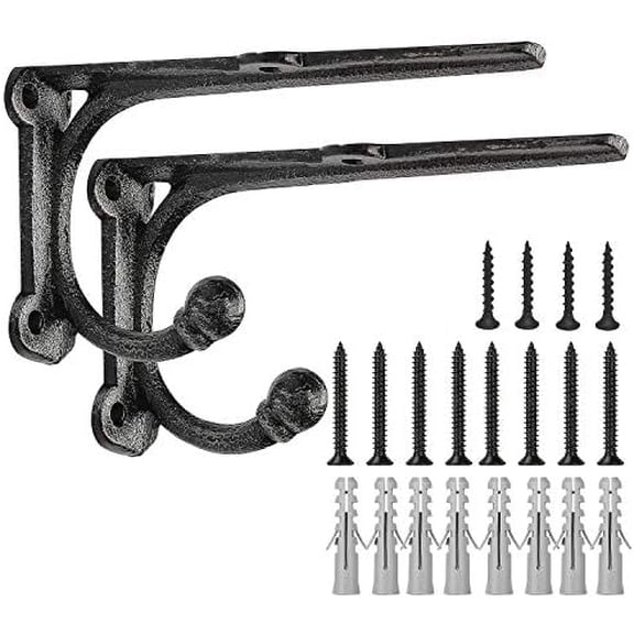 Shelf Brackets with Hooks 6 Inch, Heavy Duty Floating Shelf Bracket, Cast Iron Shelving Brackets for DIY Wall Shelves, Rustic Shelf Brackets, 2 Pack