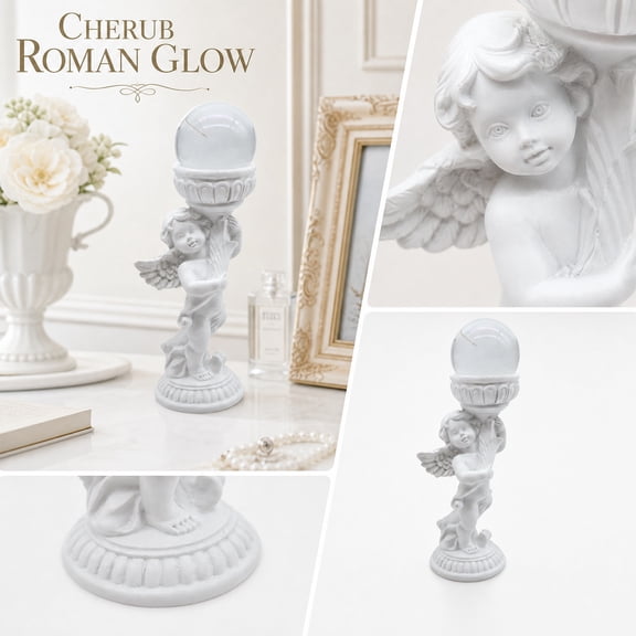 Shelf Decor, Angel Statue, Room Decorations, Tabletop Decor, 6X3.5 Inch White Resin Roman Column Left Winged Angel Desktop Ornament, Adorable Cherub Character Display with Crystal