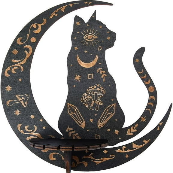 Shelf Display Wooden Wall Shelf Cat Moon Rustic Floating Shelves Trinket Dowsing Pendulum Holder Stand for Hanging Essential Oil Spiritual Gift Wall Decor 9.84x9.84Inch for DIY