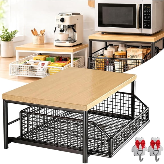Shelf With Drawer for Kitchen Counter, 2-Tier Kitchen Countertop Organizer with Wire Basket Storage, Sturdy Microwave Stand & Coffee Station Holder for Spices, Toaster, Home Organization (Black)