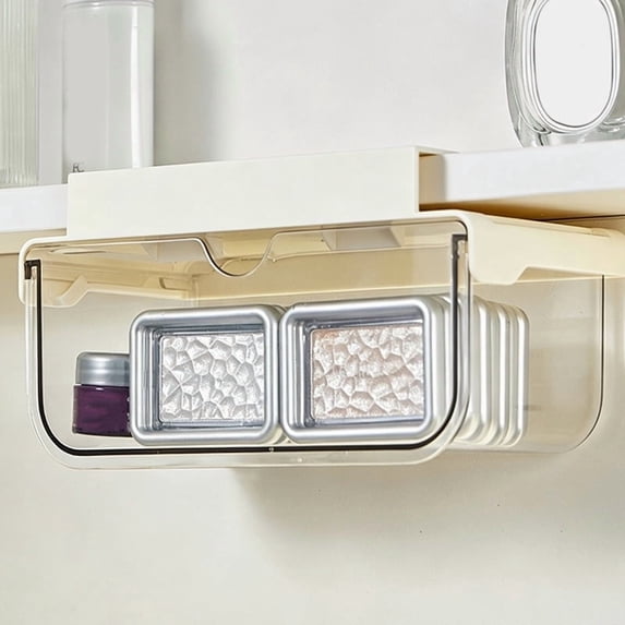Under Shelf Drawer Organizer, No Drill Adhesive Pull Out Storage Bin for Kitchen Cabinet, Bathroom Vanity, and Desk Organization Space Saving, 9X10X20Cm White
