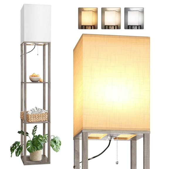 Shelf Floor Lamps for Bedroom Oak Gray Standing Lamp with 3 CCT LED Bulb Floor Lamp with Shelves Corner for Living Room Office Decor