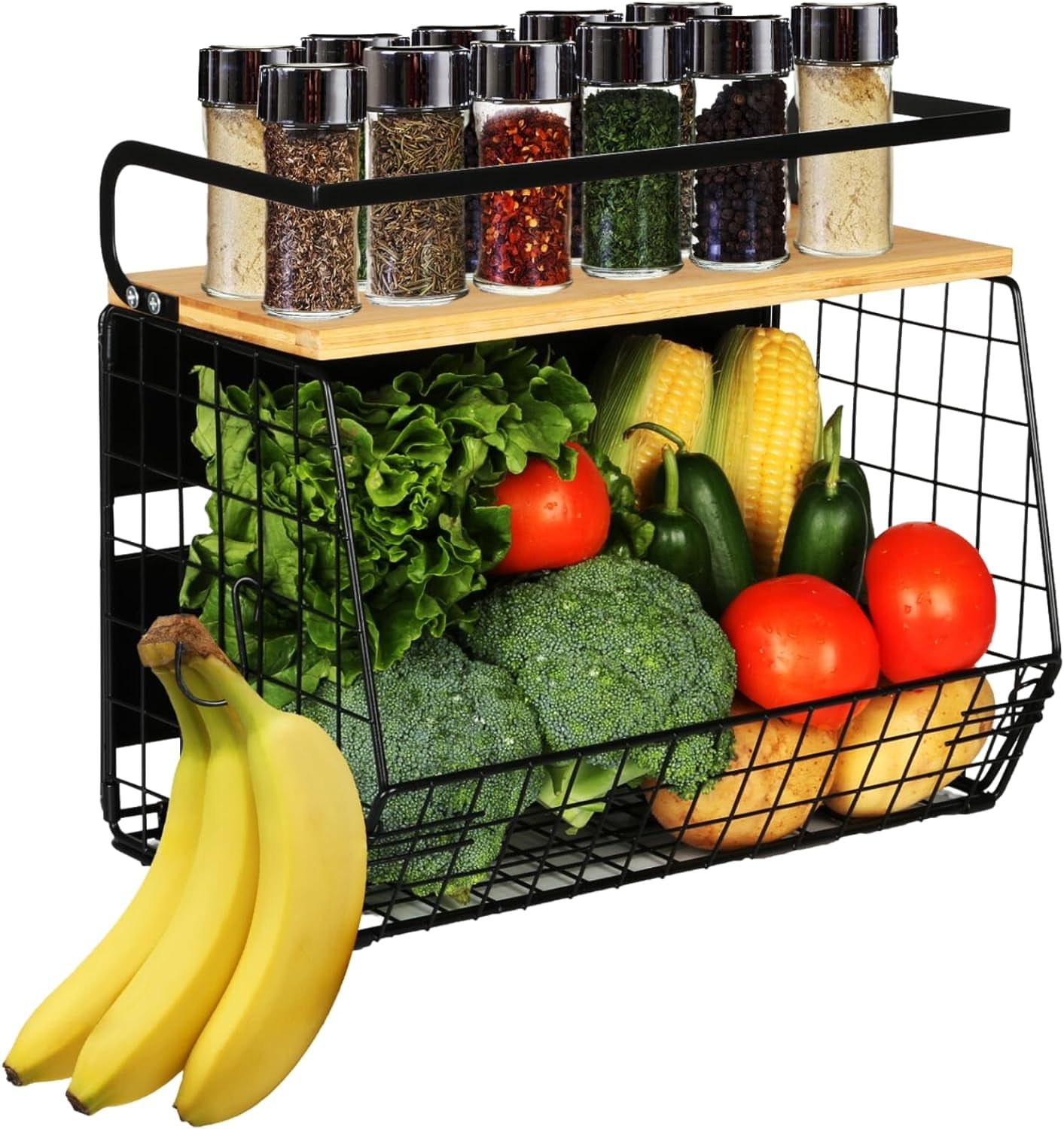 Shelf for Fridge with Wood Lid, Fruit Potato and Onion Storage Bins, Pantry Organizers & Storage, Large Container Magnetic Spice Rack for Refrigerator, Kitchen Counter, Cabinet (2, White)